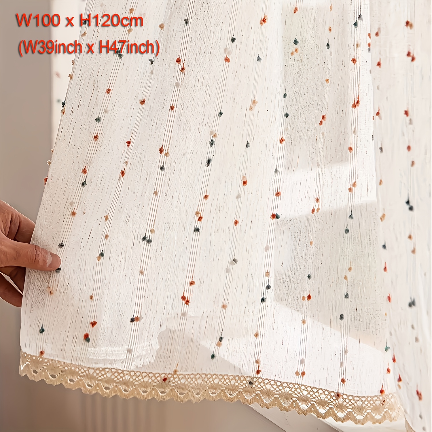 Image of French Romantic Colorful Hairball Embroidery Striped Short Curtain With Hollow Crochet Lace Bottom, Rod Pocket, Suitable For Kitchen, Living Room, Bedroom Small Window Home Decoration