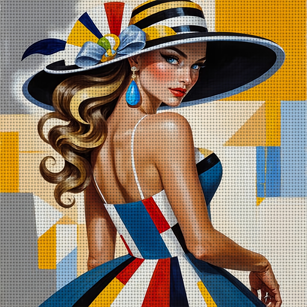 TEMU 1pc Diy Cross- , Unframed, Featuring The "woman In Colorful Skirt With Wide Hat" Design. Perfect For Beginners To Enjoy A Relaxing Crafting
