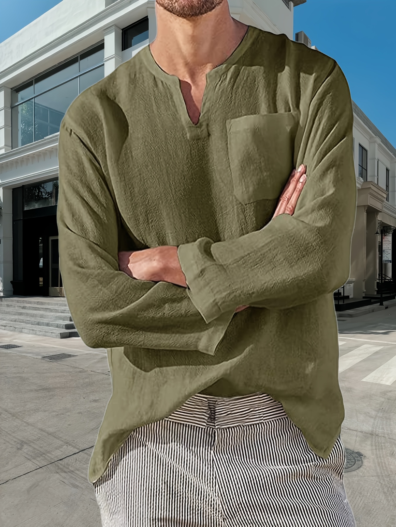 long-sleeved shirt Men   color V-neck casual shirt Men s gentle beach Hawaiian pullover breathable comfortable shirt