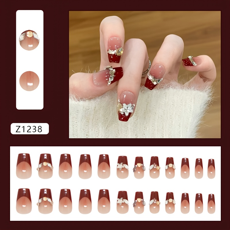 TEMU Red Tipsy Wine Red French Blush Sparkly Champagne Heart Western Style Removable Nail Art Sheet [jelly Glue]