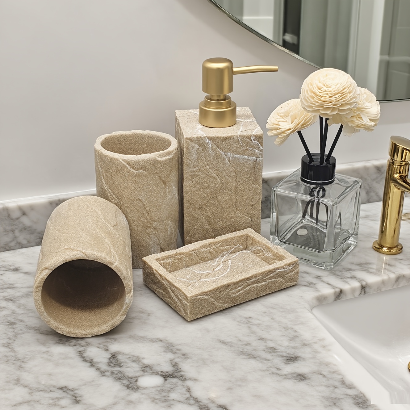 4pcs Vintage Bark Texture Bathroom Set, Includes 1 Hand Soap Dispenser, 2 Mouthwash Cups, and 1 Soap Dish. Suitable for Home, Hotel, and Guesthouse Bathrooms
