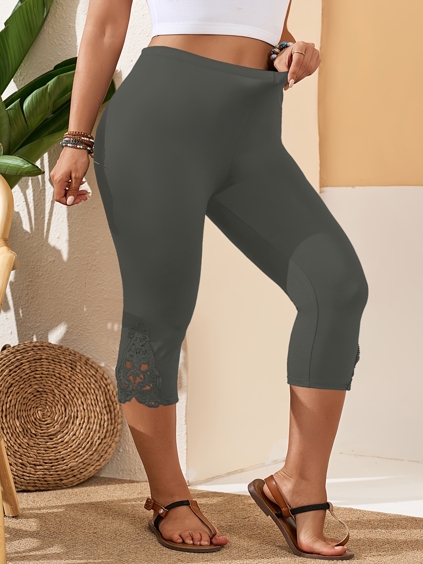 Plus Size Women's High-Waisted Stretchy Capri Pants - Solid Color Slim Fit with Lace Trim Hem, Elastic Waistband for Yoga, Workouts & Casual Wear - Machine Washable All-Season Versatile, Workout Trousers | Floral Trim Pants | Opaque Fabric, Workout Leggings