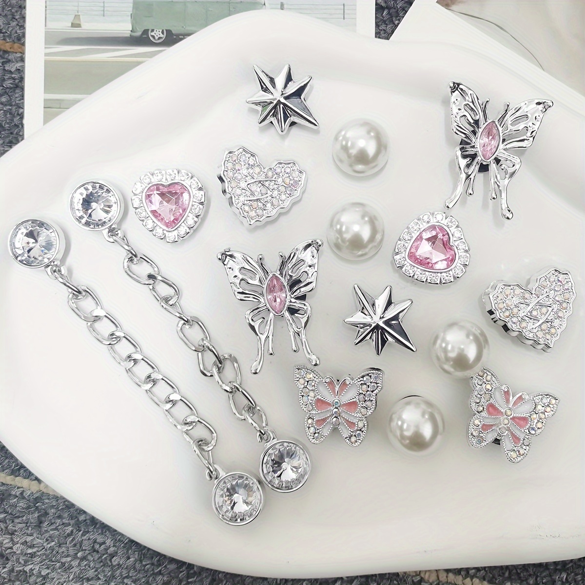 Image of 16pcs Shiny Rhinestone Shoe Charms Abs Beads Shoes Decorations Cute Shoe Clips Additions Decor Ornament Lady Sandals Slides Slippers Beach Bag Xmas Halloween Birthday Party Gifts (shoes Not Included)