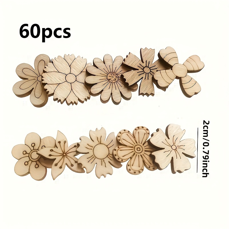 TEMU 60pcs Arbres en Bois Feuilles Fleurs de Pièces de Bois Décorations, pour Décoration de Peinture à , Halloween Thanksgiving Noël Mariage et