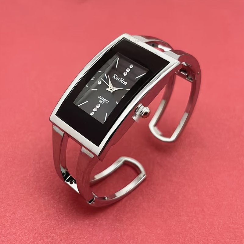 Elegant Silvery Bangle Watch, Women's Rectangular Creative Opening Watch