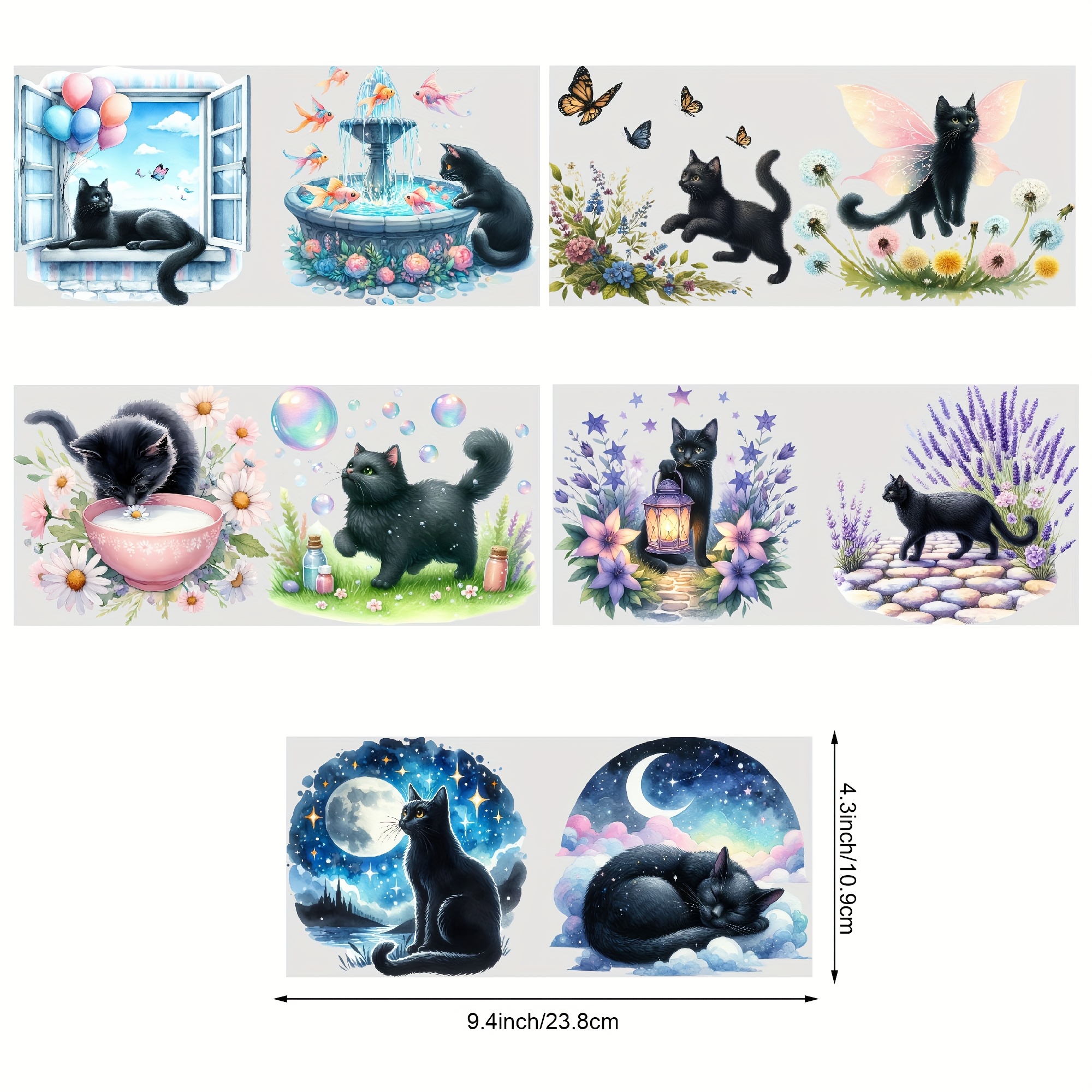 TEMU Lot de 5 autocollants UV DTF Cats, étanches, pour tasses en verre de 16 oz, en plastique auto-adhésif, , thème animal, embellissement cristal,