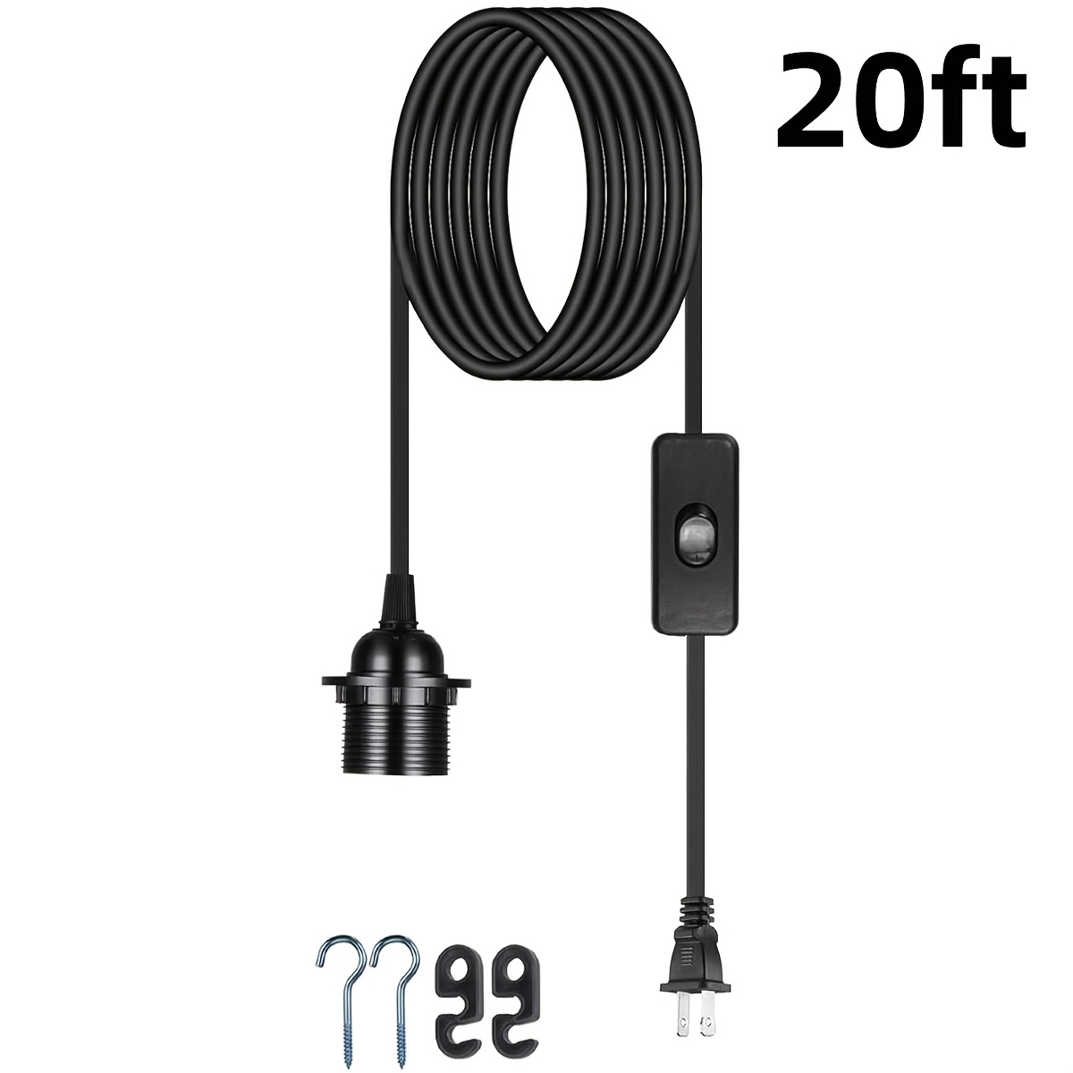 TEMU 20ft Plug In Hanging Pendant Light Cord Kit, E26/e27 Bulb Socket Lantern Extension Cable With Switch & Socket Rings, E26 E27 Lamp Holder Power