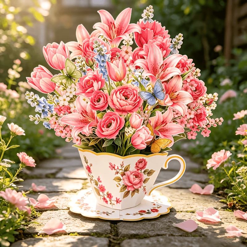 TEMU Gift For Her/him, -rimmed Pink Rose Teacup 3d Bouquet Greeting Card, Lily Tulip Colorful Butterflies, 3d Pop-up Display Card With Coaster,