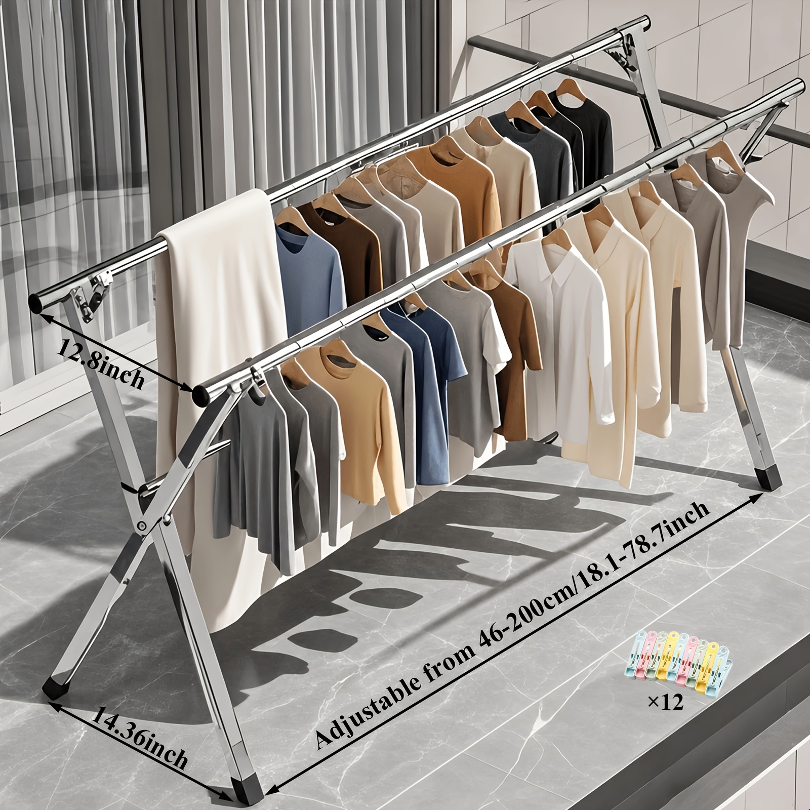 TEMU Clothes Drying Rack Sizes, 63" And 78.7", Designed For Indoor And Outdoor Use. This Durable Metal Rack Is Collapsible And Features A Heavy-duty
