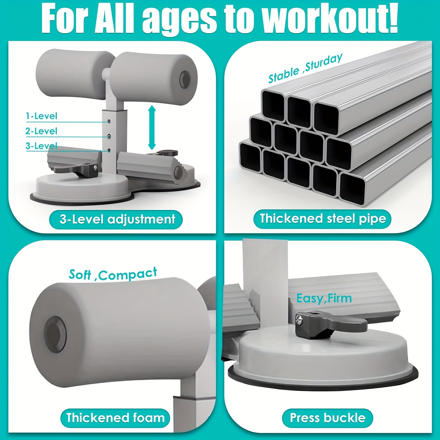 MACYO Unisex Sit-Up Bar Foot Holder, Portable Sit-Up Floor Holder, Sit-Up Exercise Equipment, 3-Level Adjustable, with 2 Strong Suction Cups and Elastic Pull Rope, for ABS Workout Aids, Feet and Legs Strength Training, Suitable for Home or Office Use