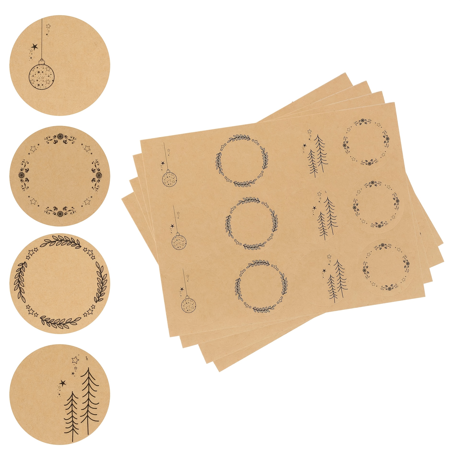 Image of 120pcs/pack Paper Christmas Round Blank Stickers Easy Line Wreath Pine Tree Decoration Gift Sealing Labels
