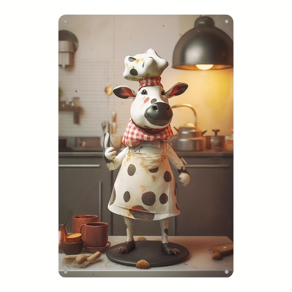 

1pc, Uv-printed Metal Tin Sign (8*12inch/20*30cm), Whimsical Chef Cow Design, Kitchen Wall Art, Indoor/outdoor Home Decor, Weather-resistant & Waterproof