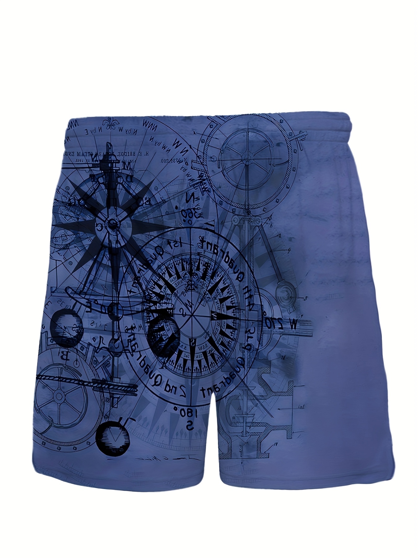Men'S Plus Size Casual Fashion Novelty Blue Compass Pattern Digital Print Shorts, Non-Stretch Fabric, Regular Fit, Geometric Design, Woven Polyester, Casual Summer Wear, PLUS SIZ