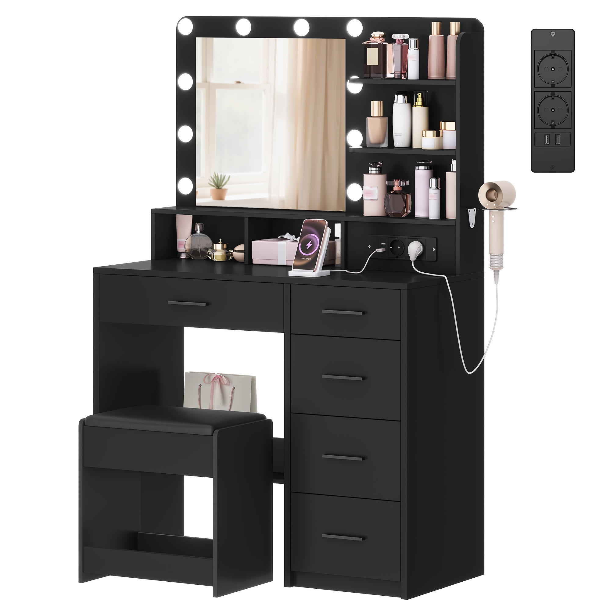 Image of Dressing Table With 10 Led Lights, Stool, Vanity Table With Large Mirror, Dressing Table With Power Outlet, Hairdryer Holder, And Drawers, Black