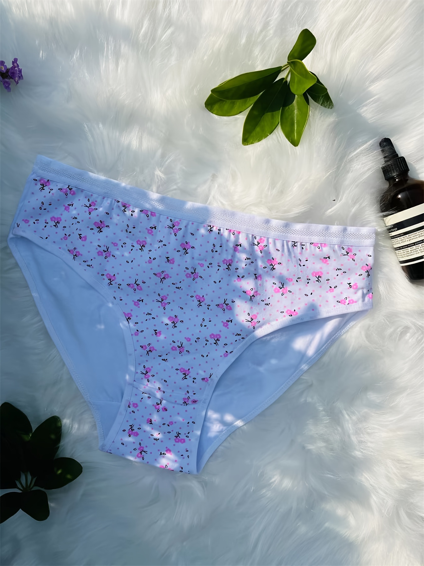 12pcs Women's Floral Print High-Waist Briefs Plus Size, Elegant Knit  Underwear with Flower Patterns Star Details, Assorted Colors (Turquoise,  Pink