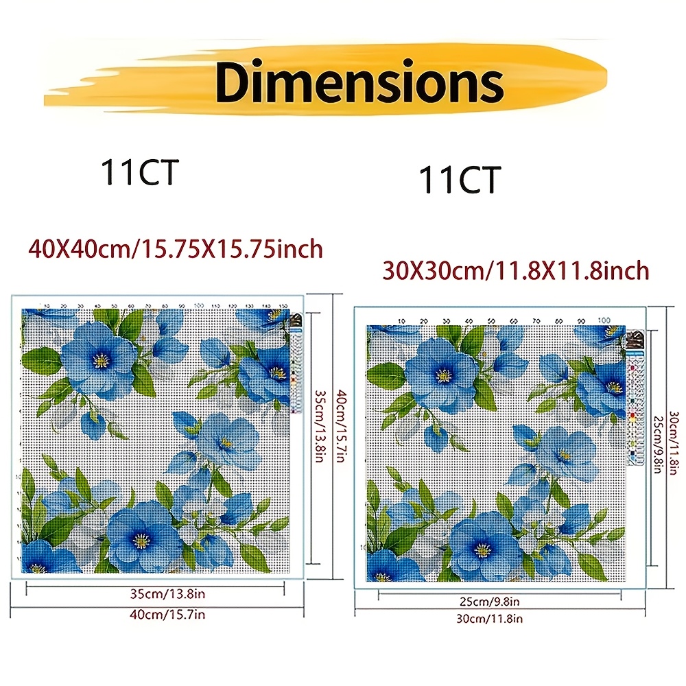 DIY Cross-Stitch Printed Kit, Unframed, "Blue and White Floral with Green Leaves" Pattern