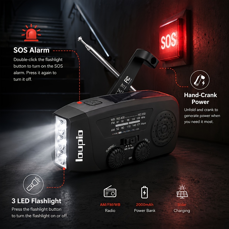 Hand-crank Emergency Radio - 2000mah/7400mwh Solar & Hand Crank Powered | Am/fm/wb Weather Channels | 3 Led Flashlights | Sos Function | Type-c Usb Charging | Ideal For Emergencies, Camping & Gift