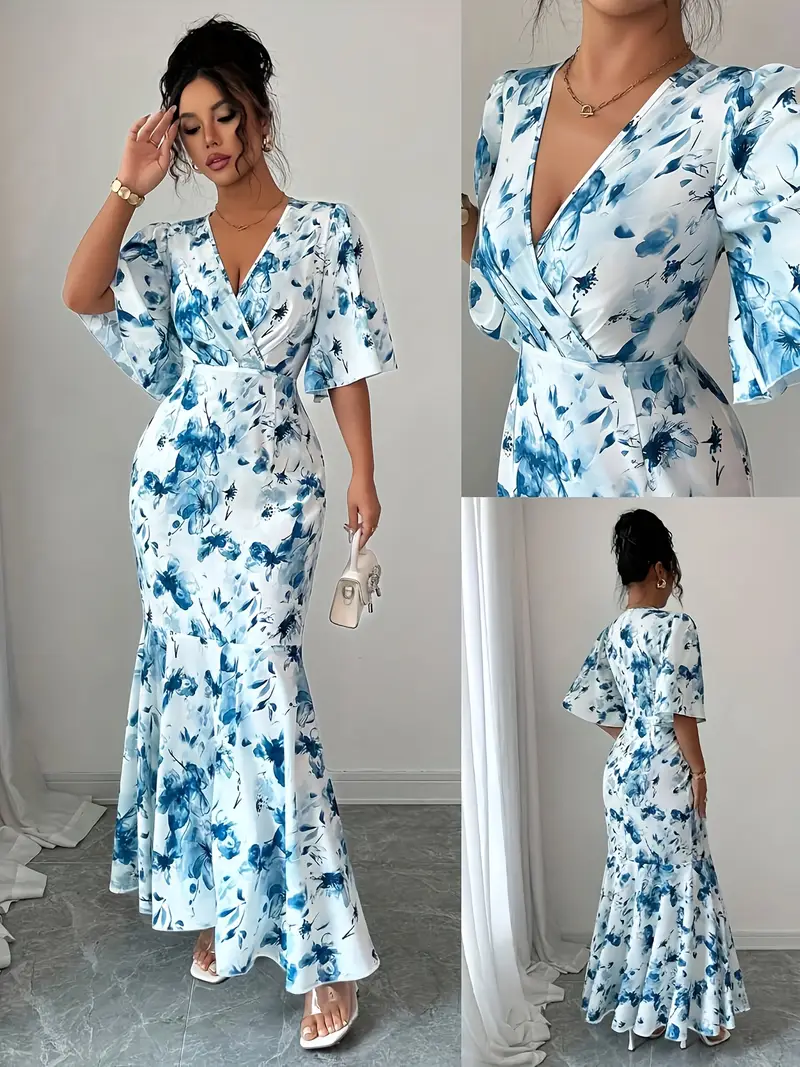 womens elegant floral maxi dress formal semi formal event gown with cross neckline flowy wedding party outfit in blue floral print machine washable non stretch fabric for women Product details 2