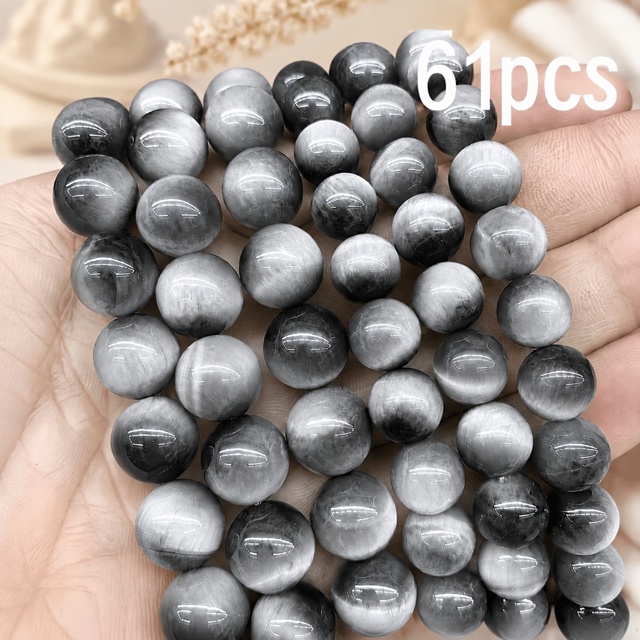 TEMU 61pcs, Gray White Tiger Eye Loose Beads Round Beads Decoration, Glass Material Jewelry Materials, Jewelry Bead Stringing, Handmade, Decorative