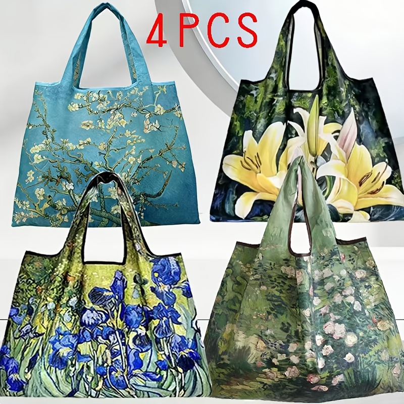 TEMU 4pcs Large Capacity Foldable Tote Bags, Oil Painting Floral Print | Reusable Shopping Bags For Travel, Camping, Grocery & Luggage Organizing