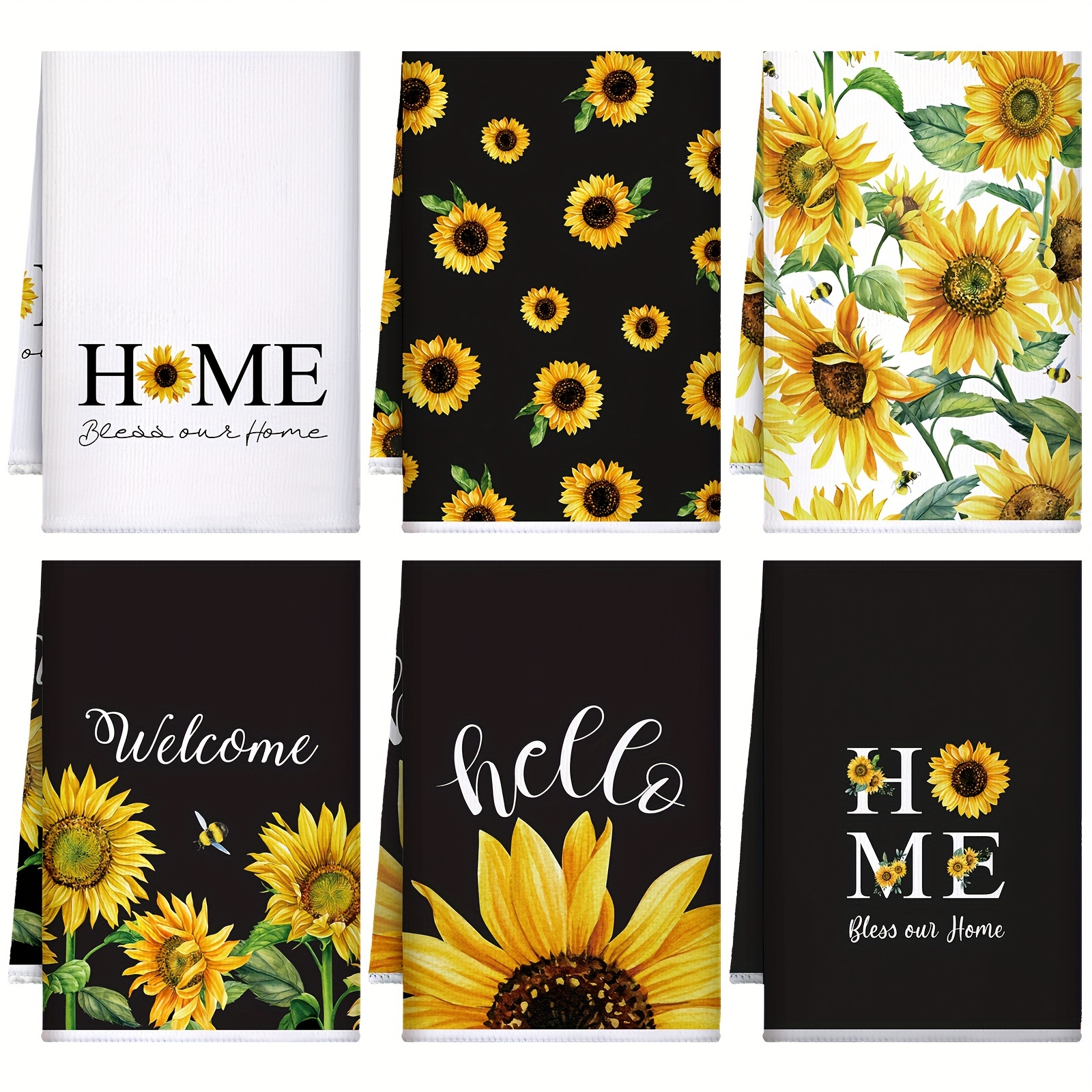 

6 Pieces Sunflower Kitchen Towels Set Dish Hand Towel Absorbent Tea Towels For Summer Christmas Kitchen Bathroom Home Decor, 16 X 24 Inch (black, White, Orange)