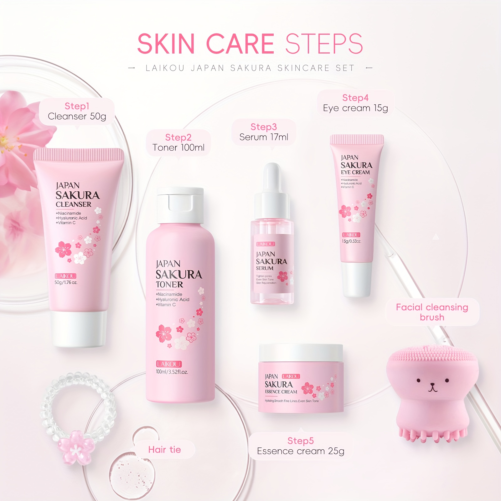LAIKOU Sakura Poklon Kutija 7-dijelni Set za Njegu Kože, Niacinamid za Posvjetljivanje Protiv Otpadanja, Serum, Krema za Hidrataciju Lica, Krema za Oči, Tonik, Blago Čišćenje Lica, s Četkom za Kosu i Gumicom za Kosu, Rođendanski i Božićni Pokloni