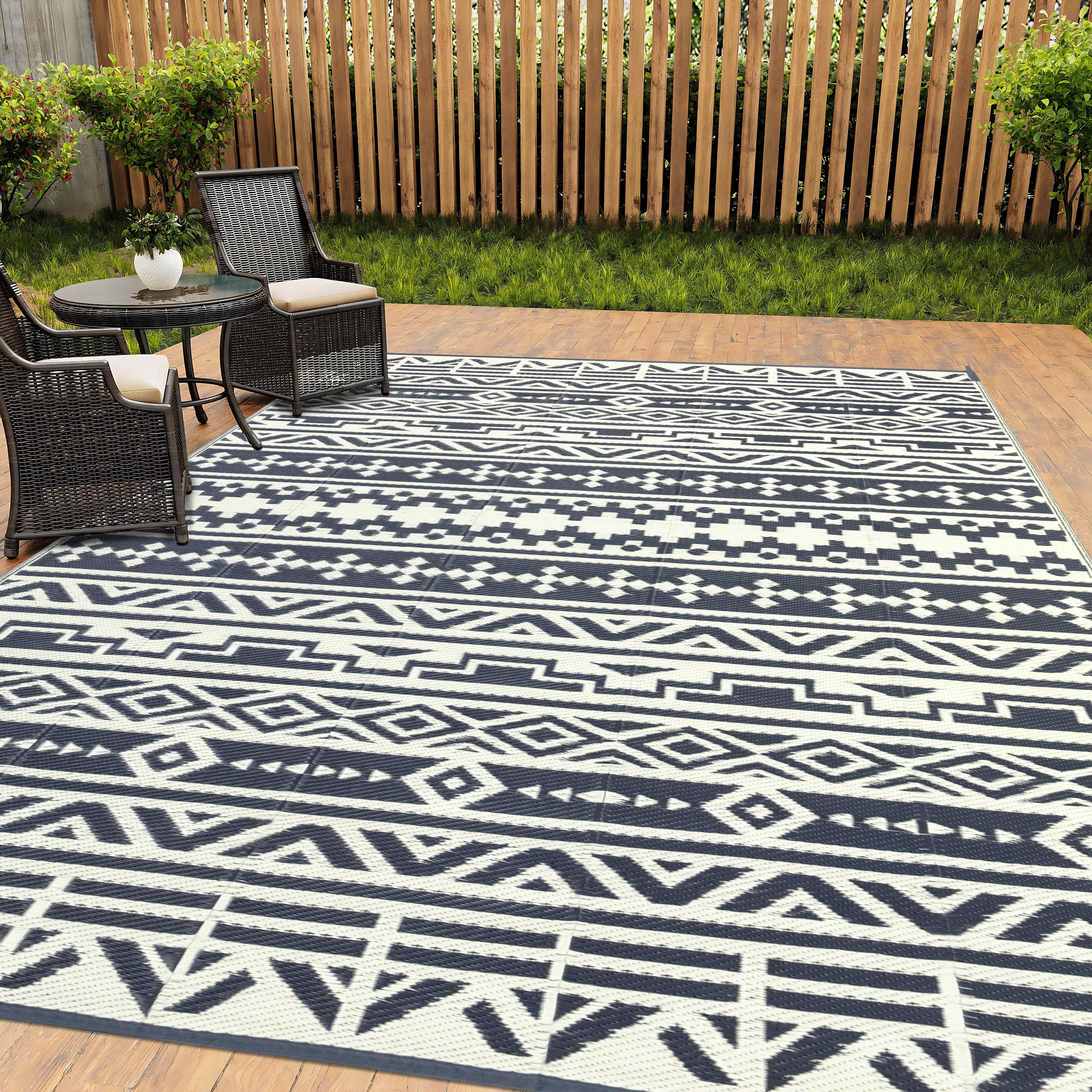 

Reversible Outdoor Rug, Bohemian Black And Tan Pattern, 8x10 Ft, Waterproof, Easy-to-clean, Portable With Free Carrier Bag And Rug Stakes, Ideal For Patio, Deck, Camping, Beach
