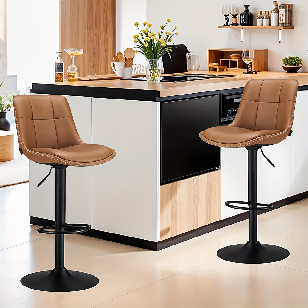 E-shop Zwei Barhocker und zwei Barstühle mit Höhenverstellung, Drehfunktion, PU-Stoffbezug, inklusive Rückenlehne und Fußstütze, in Braun