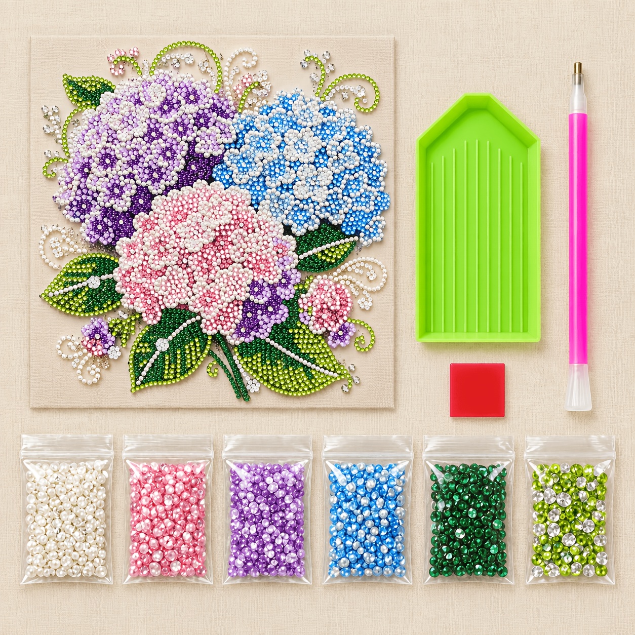 TEMU Kit per pittura con perle fai da te 11,8 x 11,8 pollici - Design a bouquet di ortensie colorate, perle , scintillanti, trasparenti, set completo