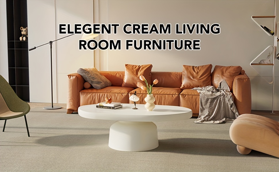 cream white oval coffee table   living room   indoor coffee table bedroom   table small space easy to assemble details 0