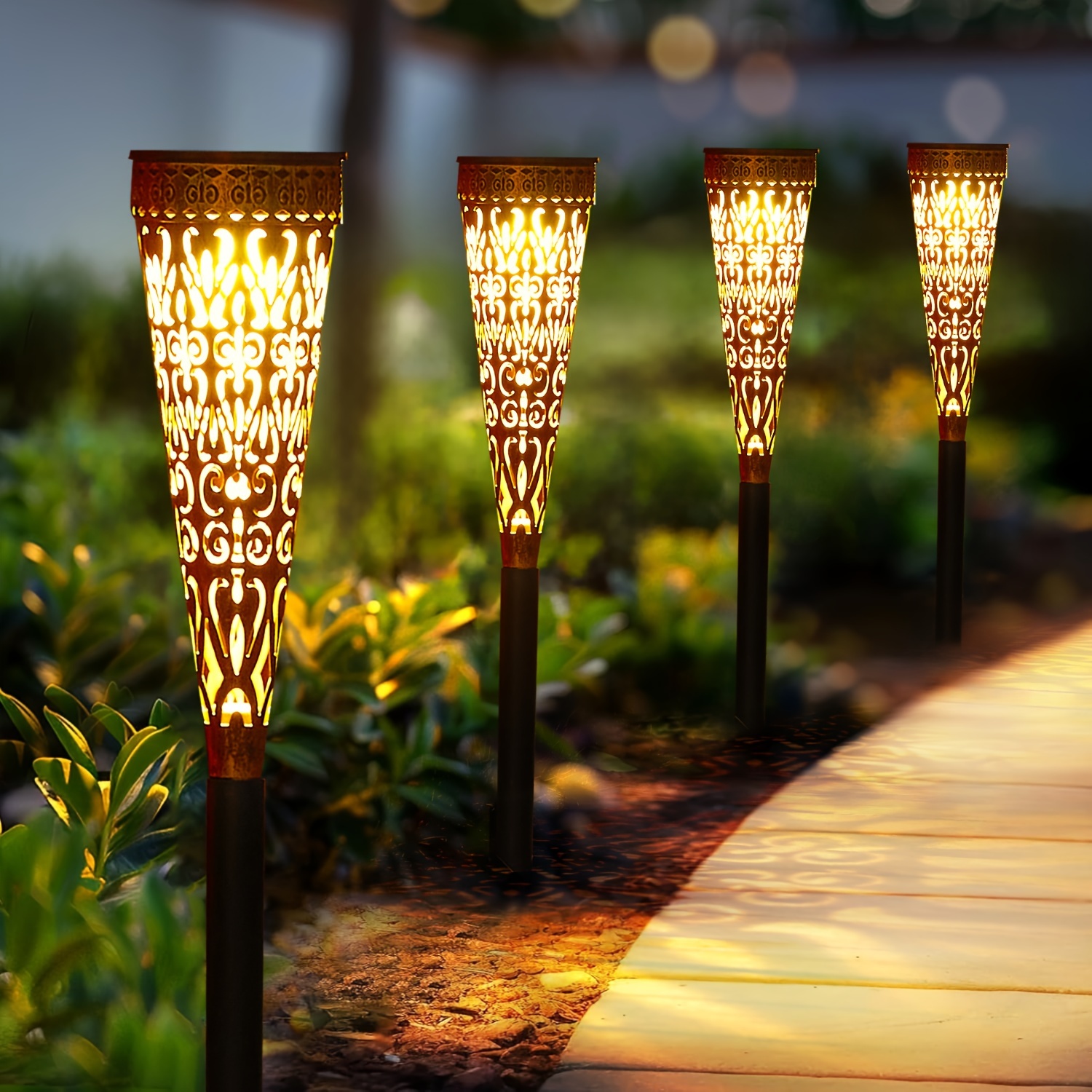 Image of 4 Pack Metal Solar Outdoor Lights Garden, Led Solar Garden Light Ipx5 Solar Pathway Lighting Garden Decorations Outside For Balcony Terrace Lawn Decoration
