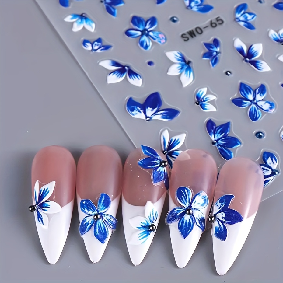 1pc 3d blue floral nail art stickers self - Temu