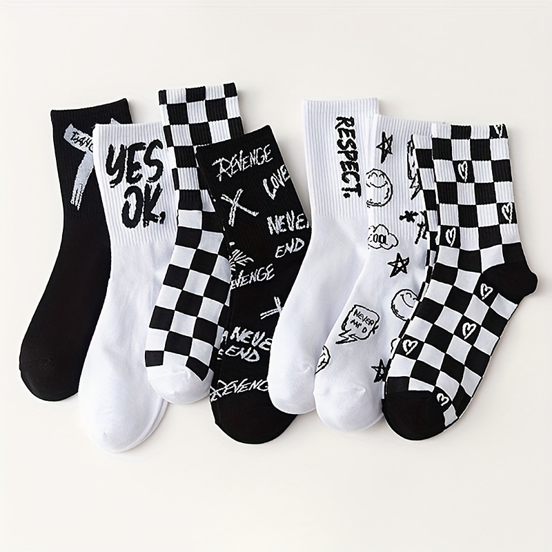 TEMU 5/7 Pairs Random Unisex Black-and-white Checkered Mid-calf Socks, Soft Comfy Letter Printed Sports Socks For Men And Women, Perfect For