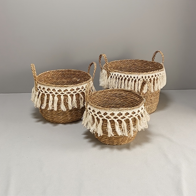 3pcs Round Storage Baskets designed with Lace, Natural Decorative Braided Rope Baskets with Handles for Shelves Blankets Organizing, Storage Basket Planters, Boho Decor for Entryway, Living Room, Bedroom, Fall decorations for home, Laundry Baskets