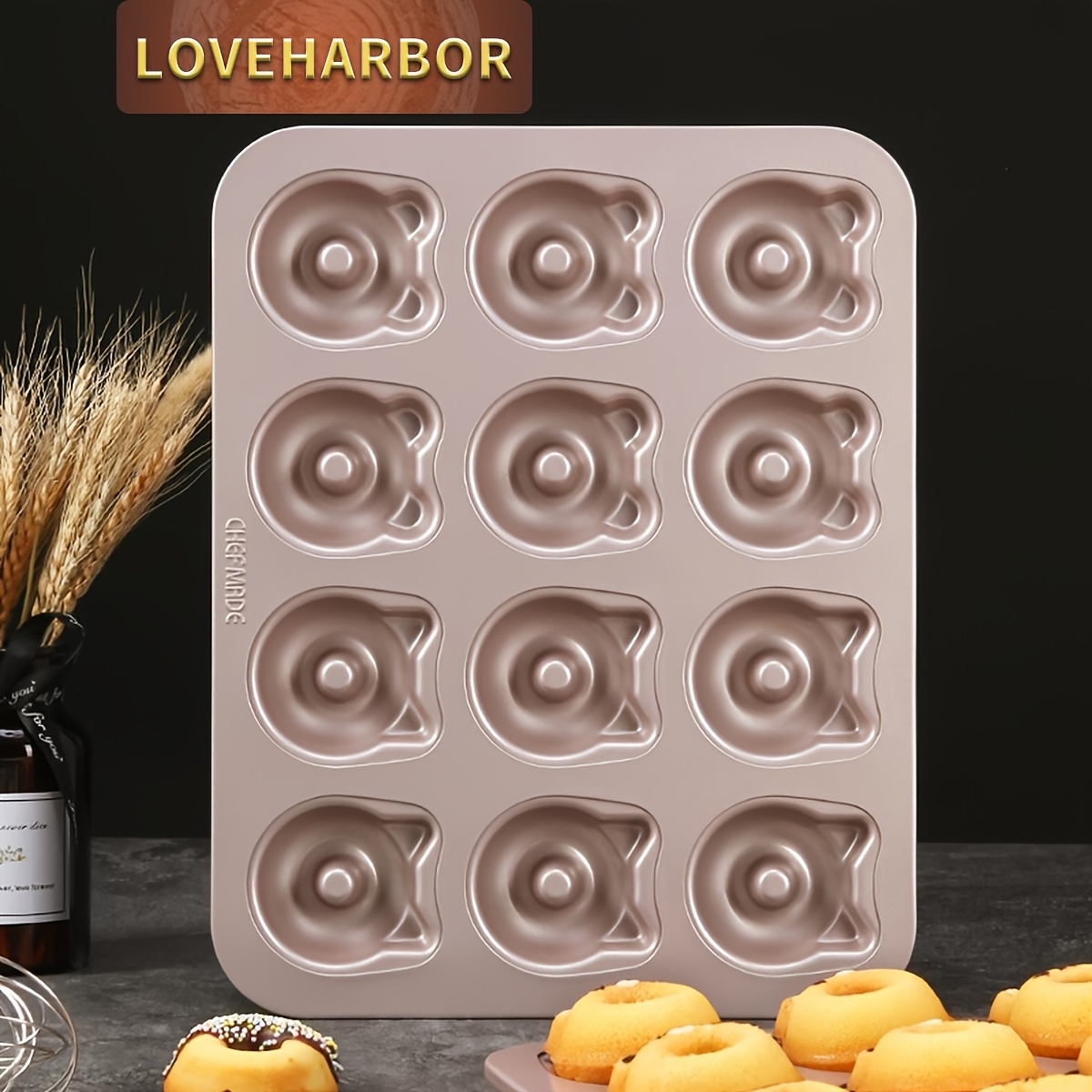 12- Bear&cat-shaped Doughnut Bakeware For Oven Baking, Donut Mold Cake Pan, ( Golden)