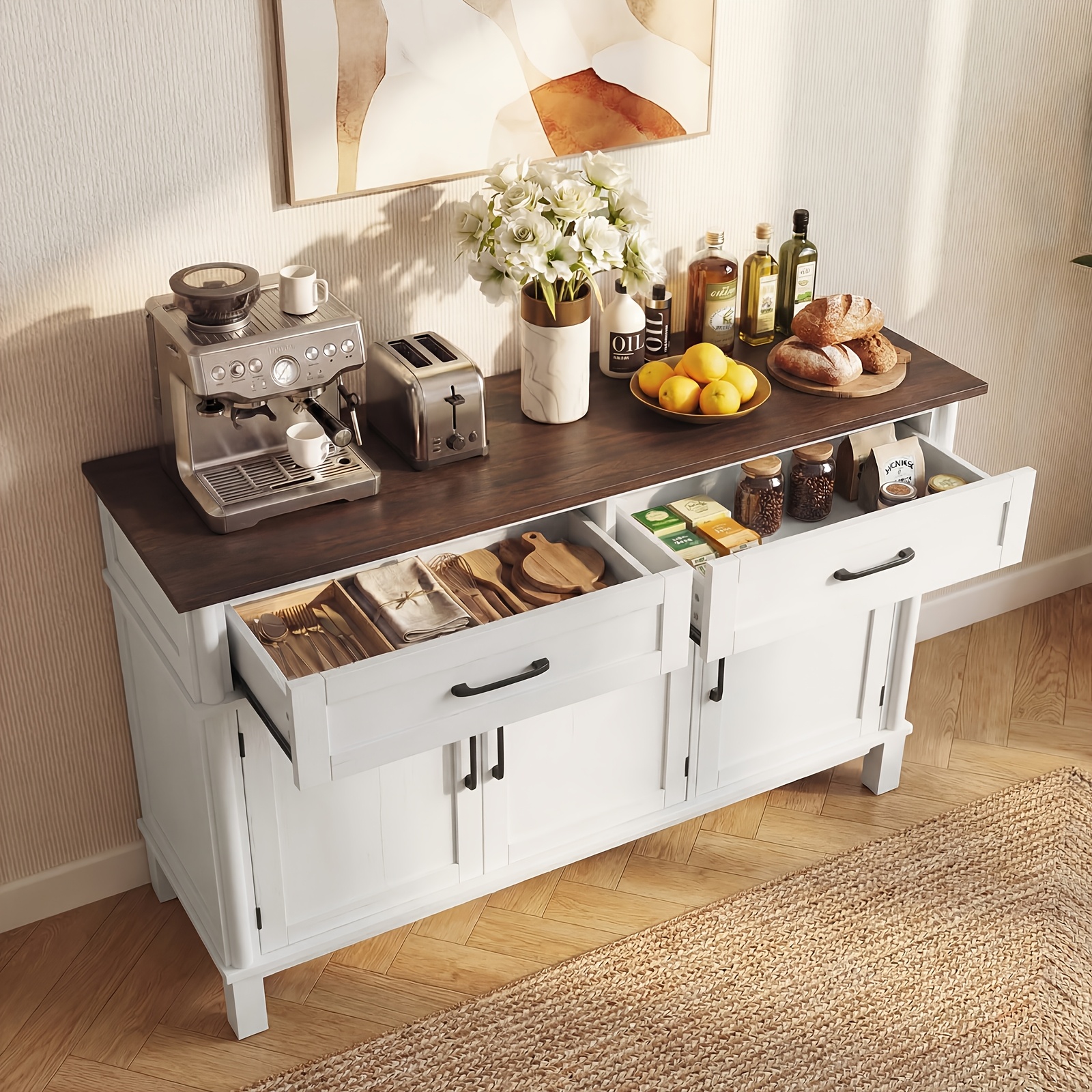 Farmhouse 48 Inch Buffet Cabinet with Storage, 48 Inch Sideboard with 2 Drawers And 3 Doors - Wood Coffee Bar Cabinet with Adjustable Shelves for Kitchen, Dining Room, Living Room