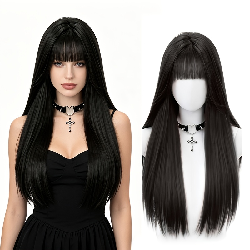 Image of Women's Long Bangs Straight Hair Wig, Black Straight Hair, Suitable For Tones, Halloween, Christmas, Cosplay, Dark Style Wig, Women's Dressing Wig, Daily And Festive Wear, Wig