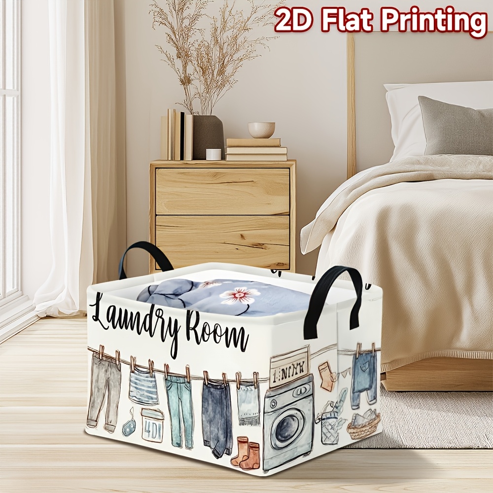 TEMU 1pc Collapsible Fabric Laundry Basket With Clothesline Print & Hand-drawn Watercolor Suitable For Laundry Room, Rectangular Storage Bin With