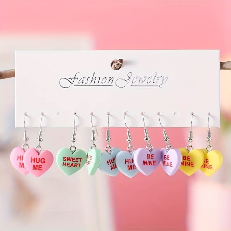 

5 Pairs Resin Color Dangle Earrings, Valentine's Day Heart Earrings Set, Fashion Simple "/sweet Heart/be " Monogram Earrings Set, Perfect Gift, Jewelry, Valentine's Day Gift For Her