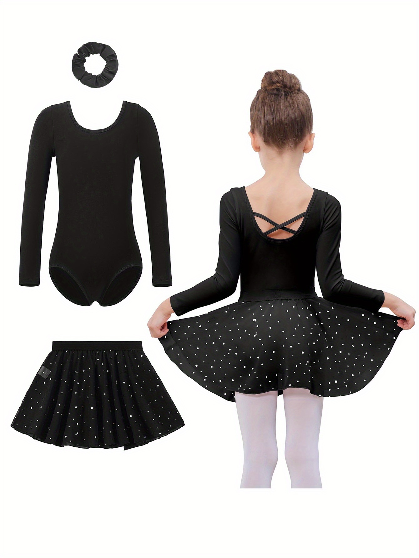 3pcs girls ballet leotard set   long sleeve dance leotard   detachable sparkly skirt and matching hair bow crisscross back strap design suitable for dance and sports   beach and outdoor activities a christmas gift