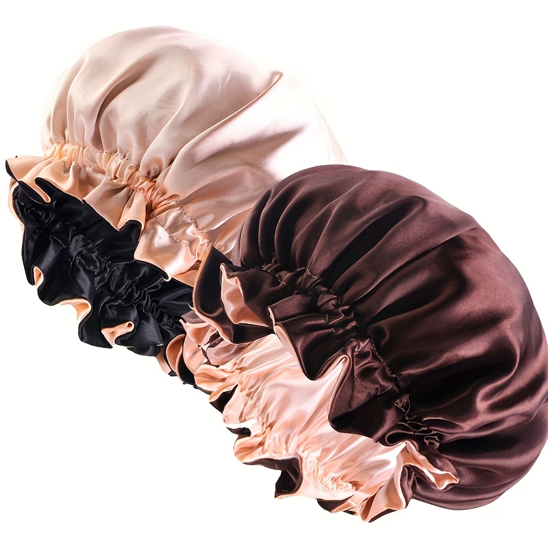 Image of 2-pack Lace Color Denim Satin Sleep Cap, Double-layer Contrast Bathing Hat With Turban For Women - Suitable For Long And Short Hair