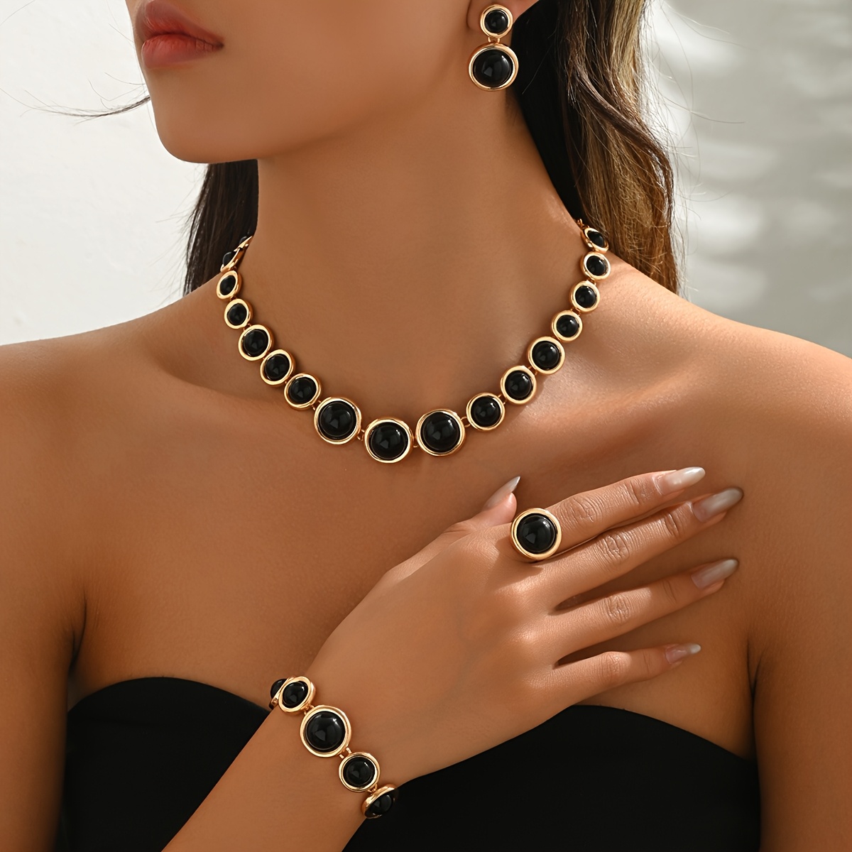 TEMU Four-piece Women's Jewelry Set With Black Round Rhinestone Gradient Necklace, Earrings, Ring, And Bracelet - Stylish For Or Evening Events