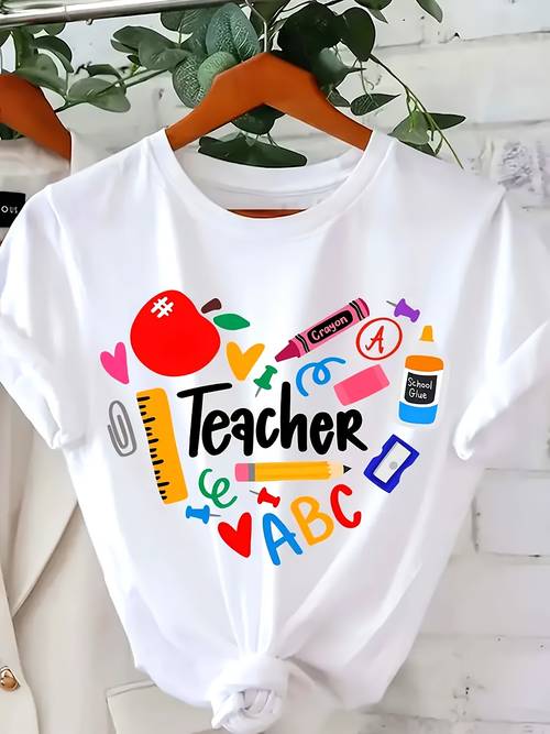 2025 new womens casual short sleeve cotton crewneck t shirt teacher themed graphic with icons geometric print breathable machine washable for spring summer fall gift teacher t shirt casual wear graphic tee breathable cotton