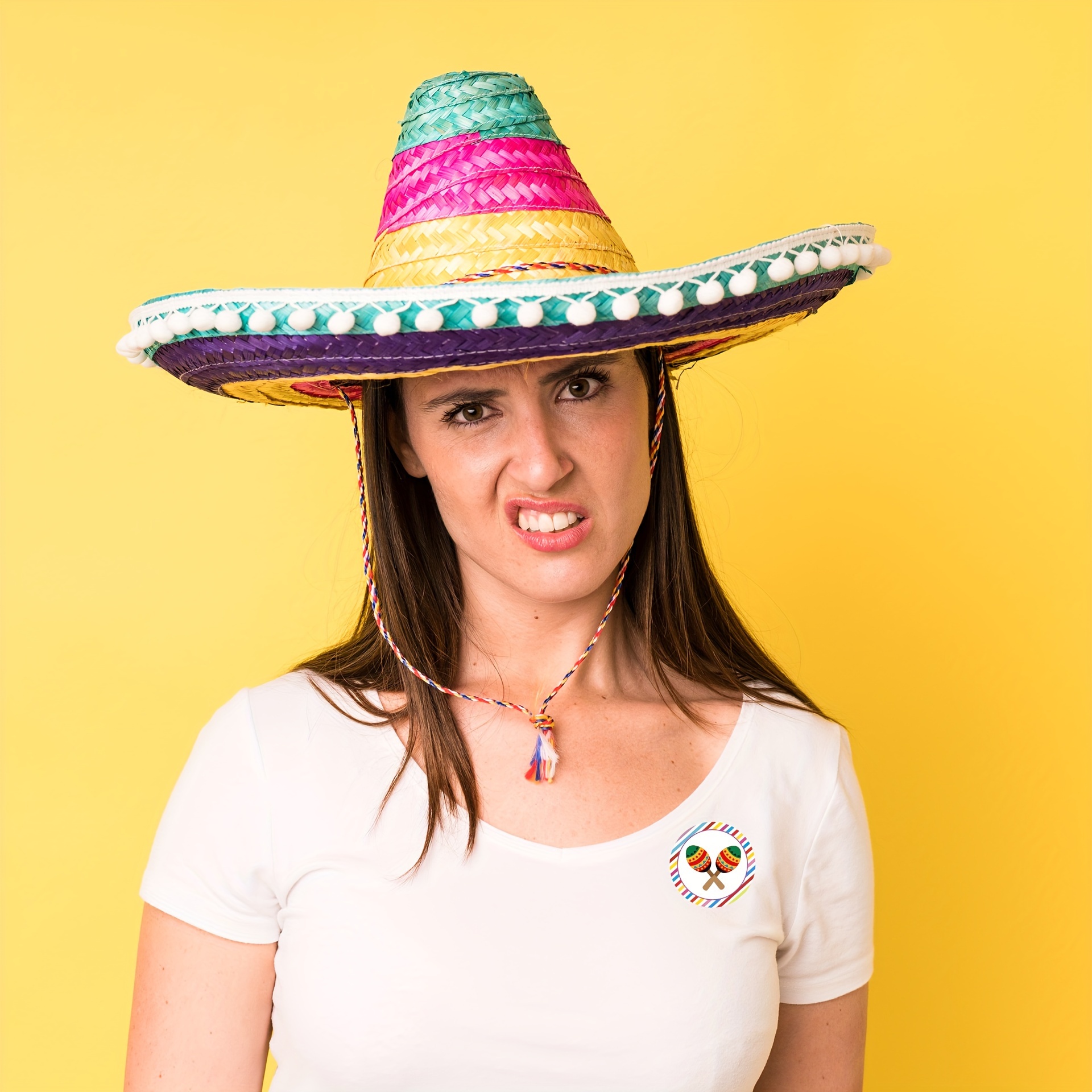 

Festive Mexican Carnival Straw Hat With Colorful Pom-pom - Wide Brim Sun Protection For Parties & Performances