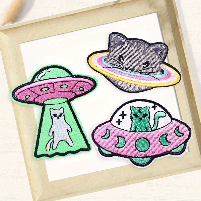 

[customer ] 3pcs Funny Ufo Cat Iron-on Patches, Embroidered Appliques For And Accessories