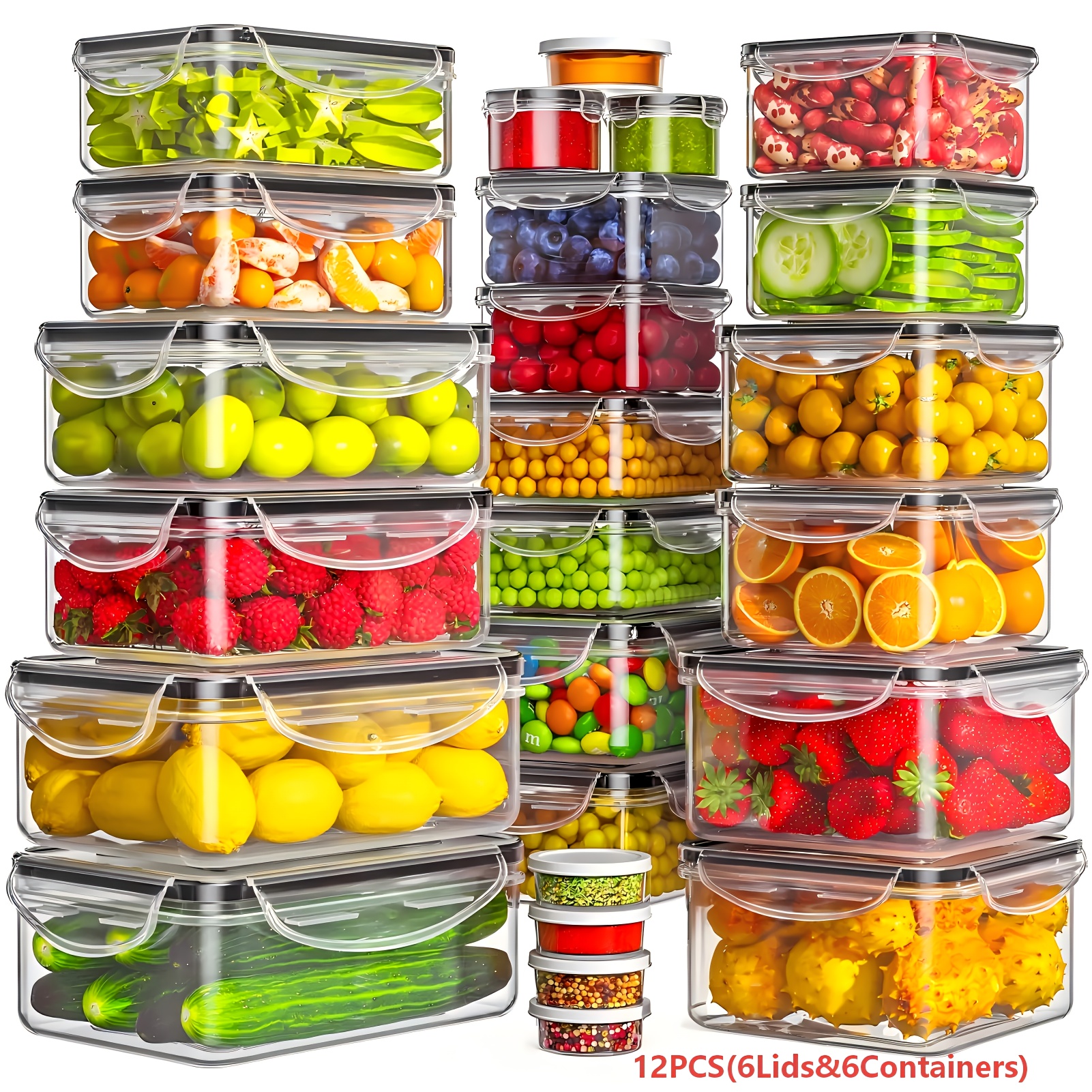 A Set of 12 Food Storage Containers in Five Different Sizes, Made of Reusable Sealed PP Material with Snap-On Lids, Suitable for Storing Fruits, Vegetables, Salads, Pasta, Bento Boxes, And Lunches. Space-Saving And Stackable