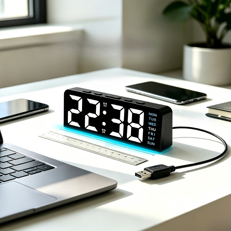 TEMU Led Alarm Clock With Color Night Light - Adjustable Brightness, , Large , Date & Temp Display - Battery Backup & Usb Charging - Ideal For