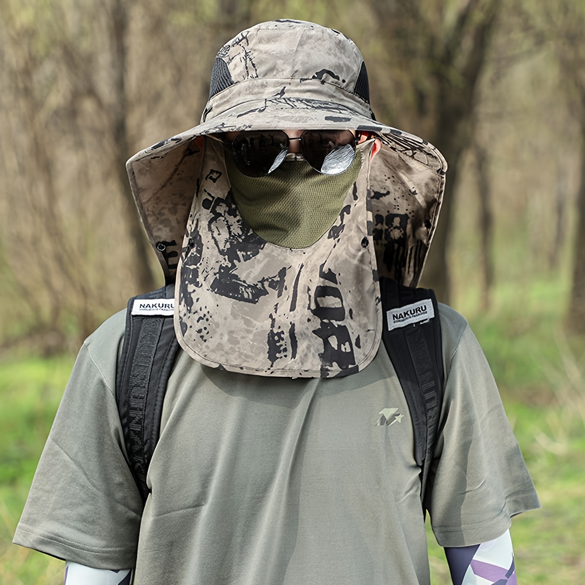 1pc Men's Camouflage Shawl Sun Hat, Outdoor Face And Neck Protection Sun  Hat Fishing Hat, Jungle Protective Hat Detachable