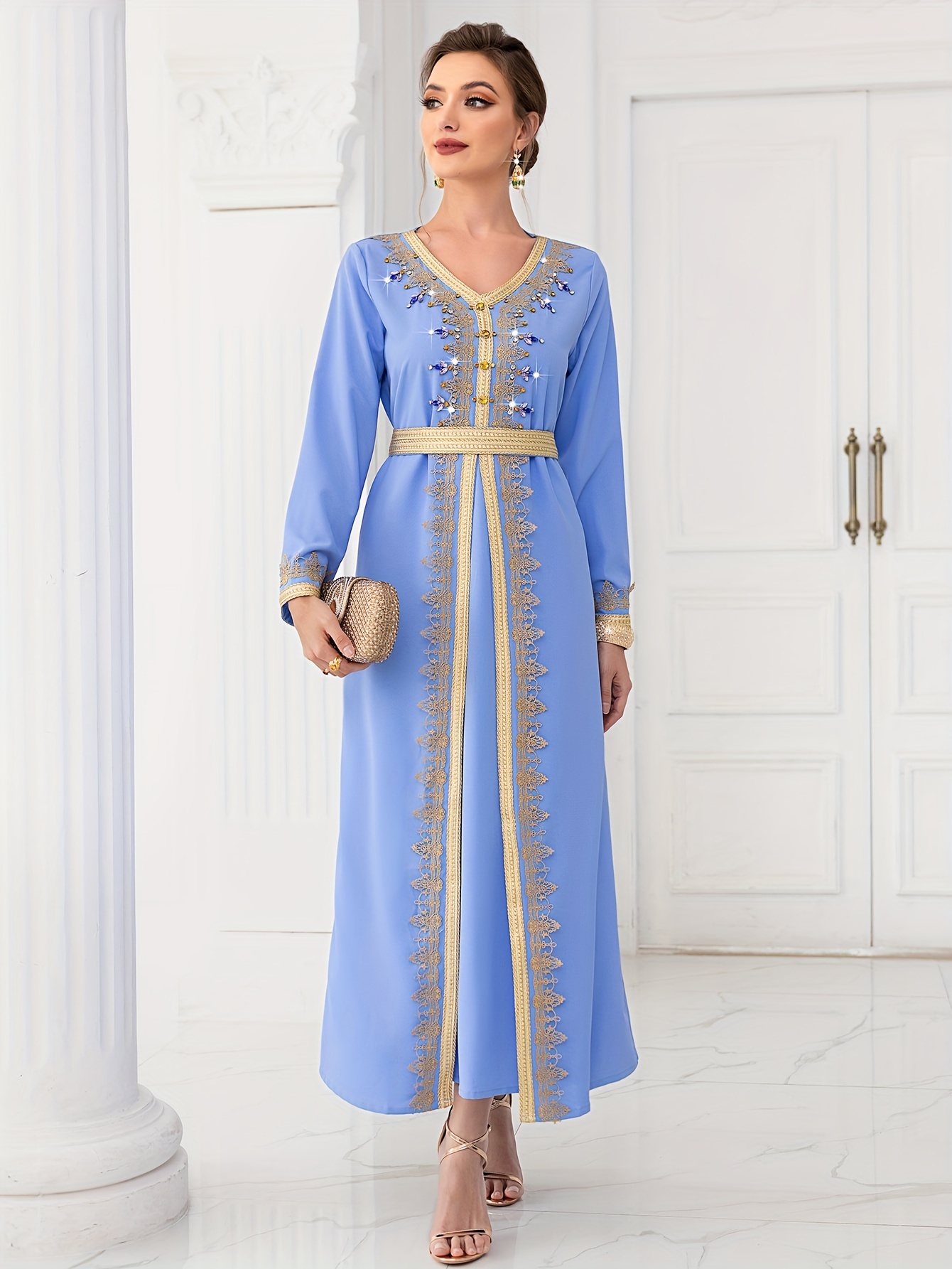 s turquoise blue golden embellished arabic kaftan Temu Algeria