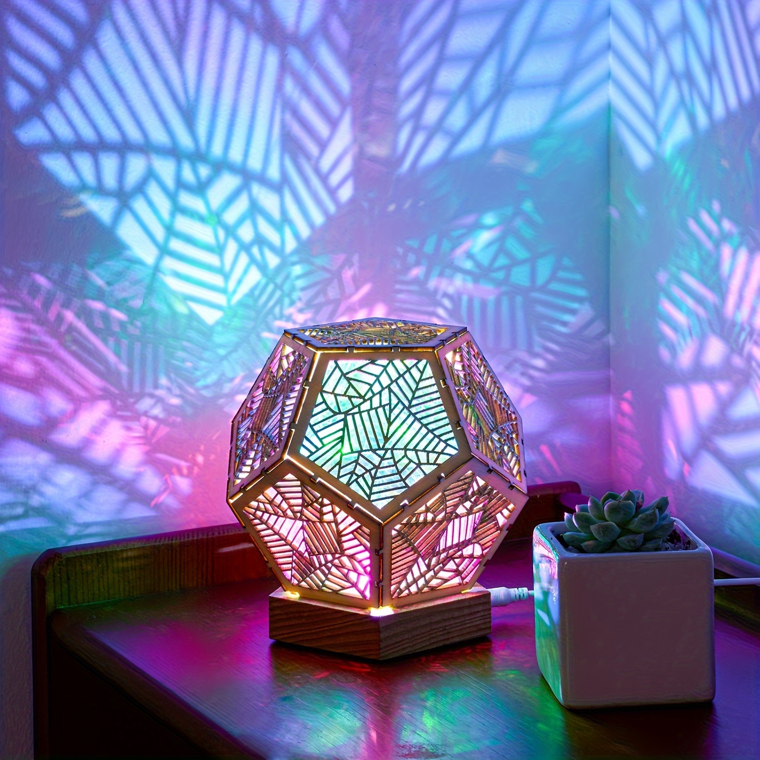 1pc Whimsical Wooden LED Night Light - 3D Starry Hollow-Out Projector, USB-Powered, Color-Changing, Ambient Floor Lamp for Living Room, Bedroom_voghion.com